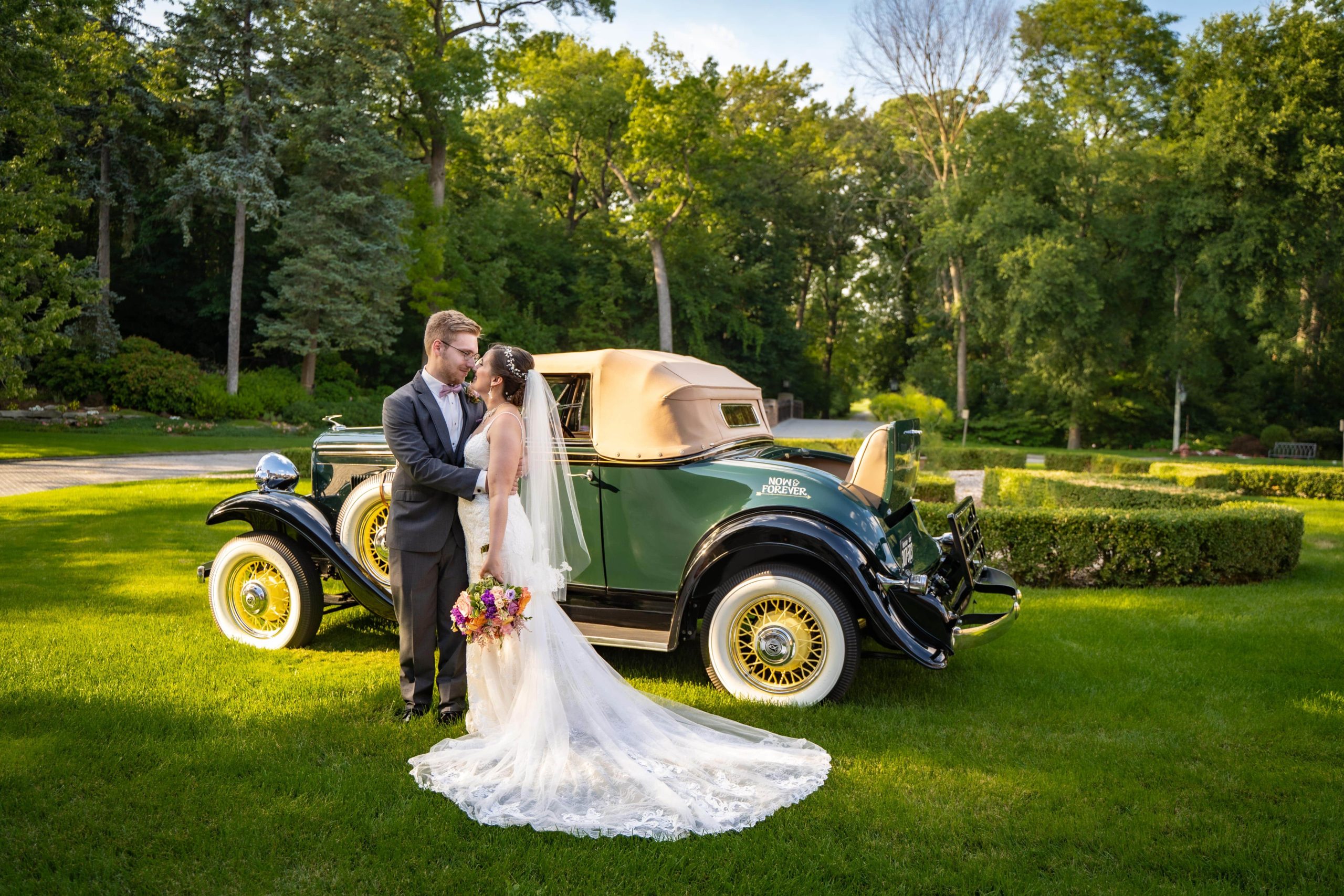 Maxson_McLoughlin meadow brook - Mike Staff Productions bride and groom in front of classic car