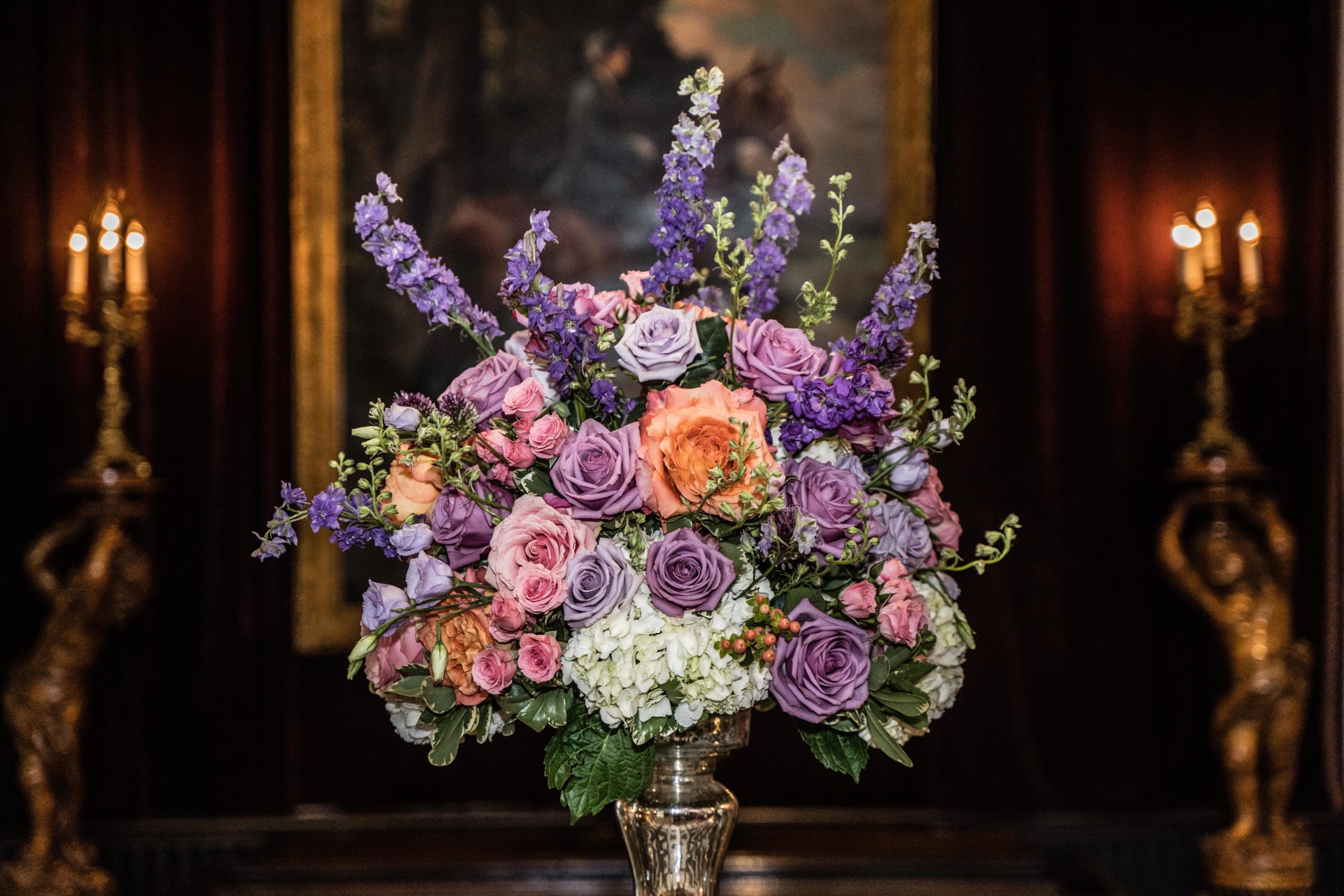Maxson_McLoughlin meadow brook - Mike Staff Productions purple and coral floral center piece