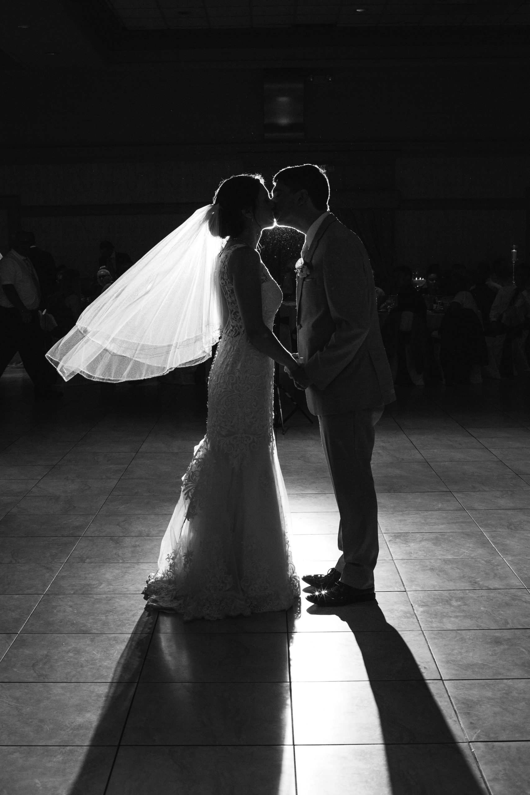 The Real Detroit Wedding of Sara and Jeffrey - Mike Staff Productions bride and groom kissing on dancefloor with spotlight