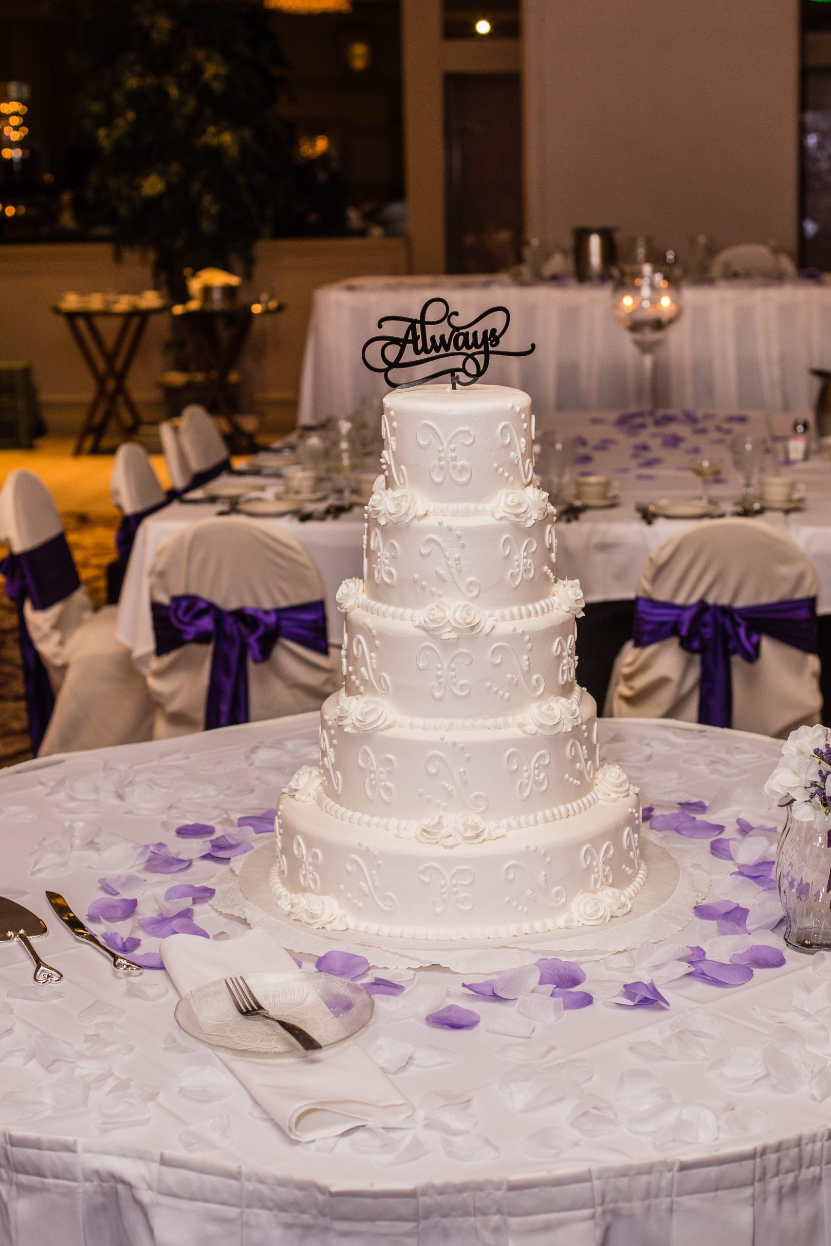 The Real Detroit Wedding of Sara and Jeffrey - Mike Staff Productions tiered wedding cake with "always" cake topper