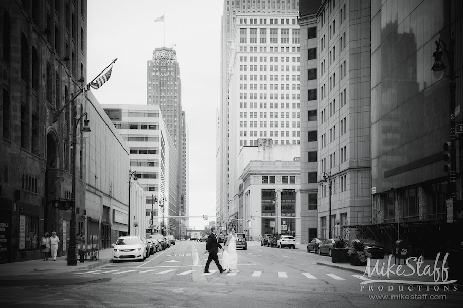 Amanda Andrew Wedding detroit walking black and white - Mike Staff Productions Amanda and Andrew's Wedding at Atheneum Suite Hotel