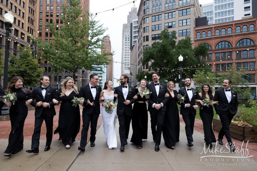 bridal party walking detroit - Mike Staff Productions Amanda and Michael's Detroit whiskey factory wedding