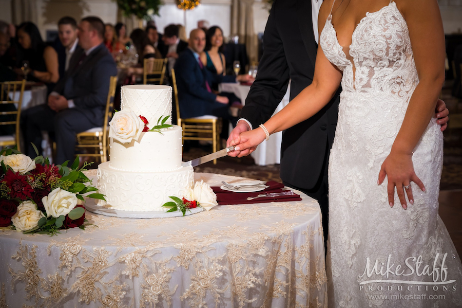 bride and groom cutting the wedding cake - Mike Staff Productions bride and groom cutting the wedding cake