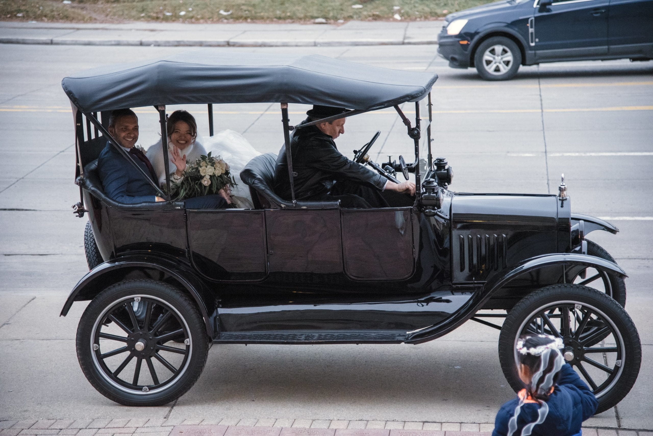 bride and groom in Ford Model T-min - Mike Staff Productions bride and groom in Ford Model T
