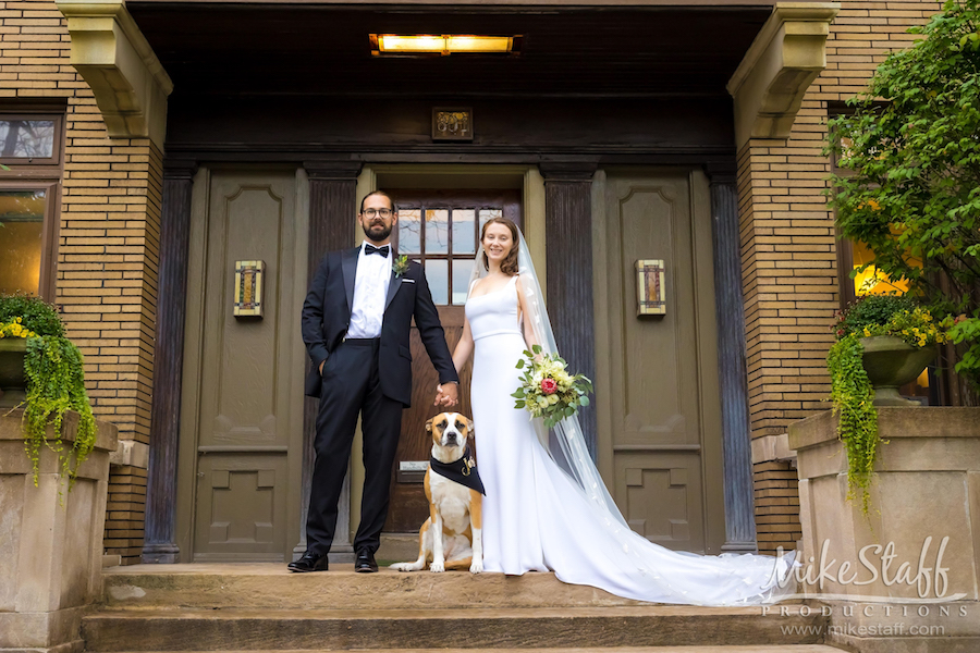 bride and groom with dog doorway - Mike Staff Productions Amanda and Michael's Detroit whiskey factory wedding