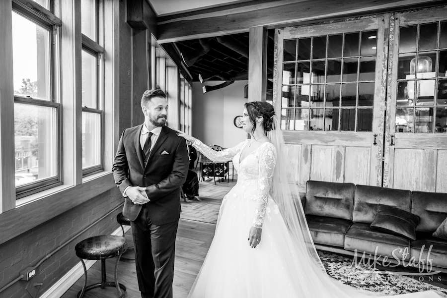 brooks wedding first look black and white - Mike Staff Productions brooks wedding first look black and white