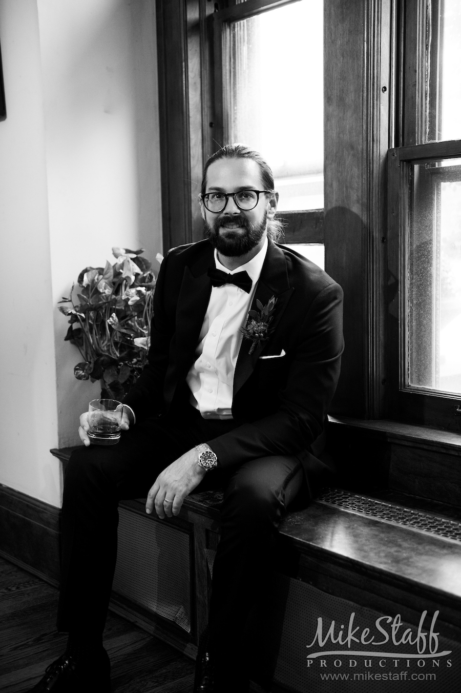 groom black and white - Mike Staff Productions Amanda and Michael's Detroit whiskey factory wedding