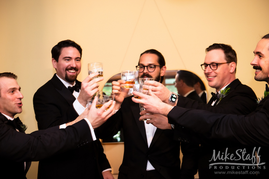 groomsmen cheers pre ceremony - Mike Staff Productions Amanda and Michael's Detroit whiskey factory wedding