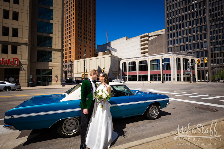 mikestaff-11 - Mike Staff Productions bride and groom outside of classic car detroit