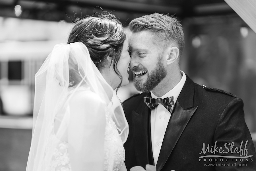 mikestaff-22 - Mike Staff Productions bride and groom up close laughing black and white