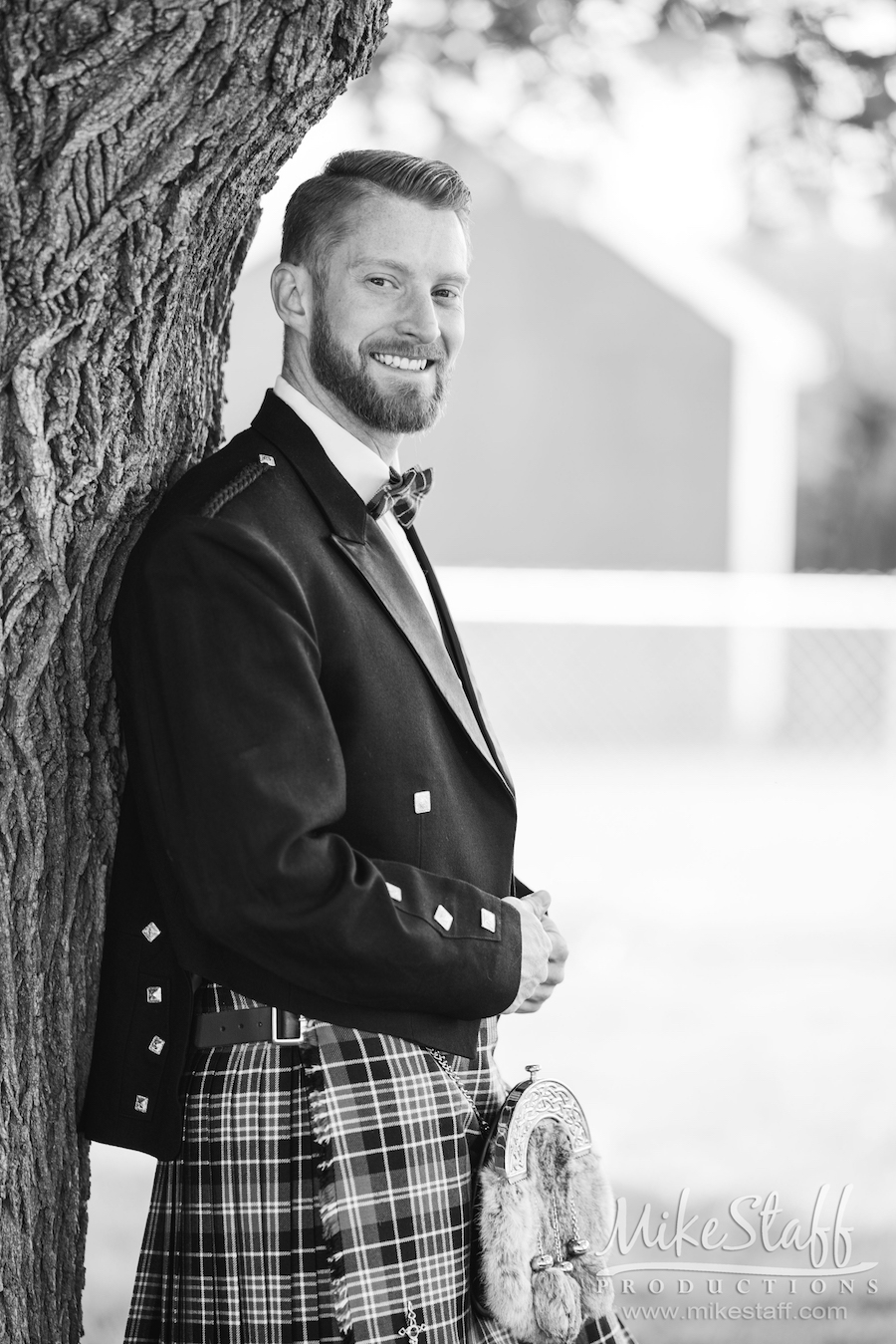 mikestaff-5 - Mike Staff Productions groom Garret black and white in kilt outdoor black and white photography