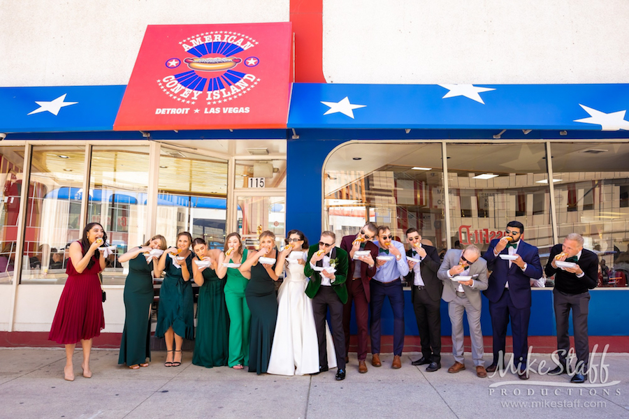 mikestaff-12 - Mike Staff Productions bridal party eating coney dogs american coney island