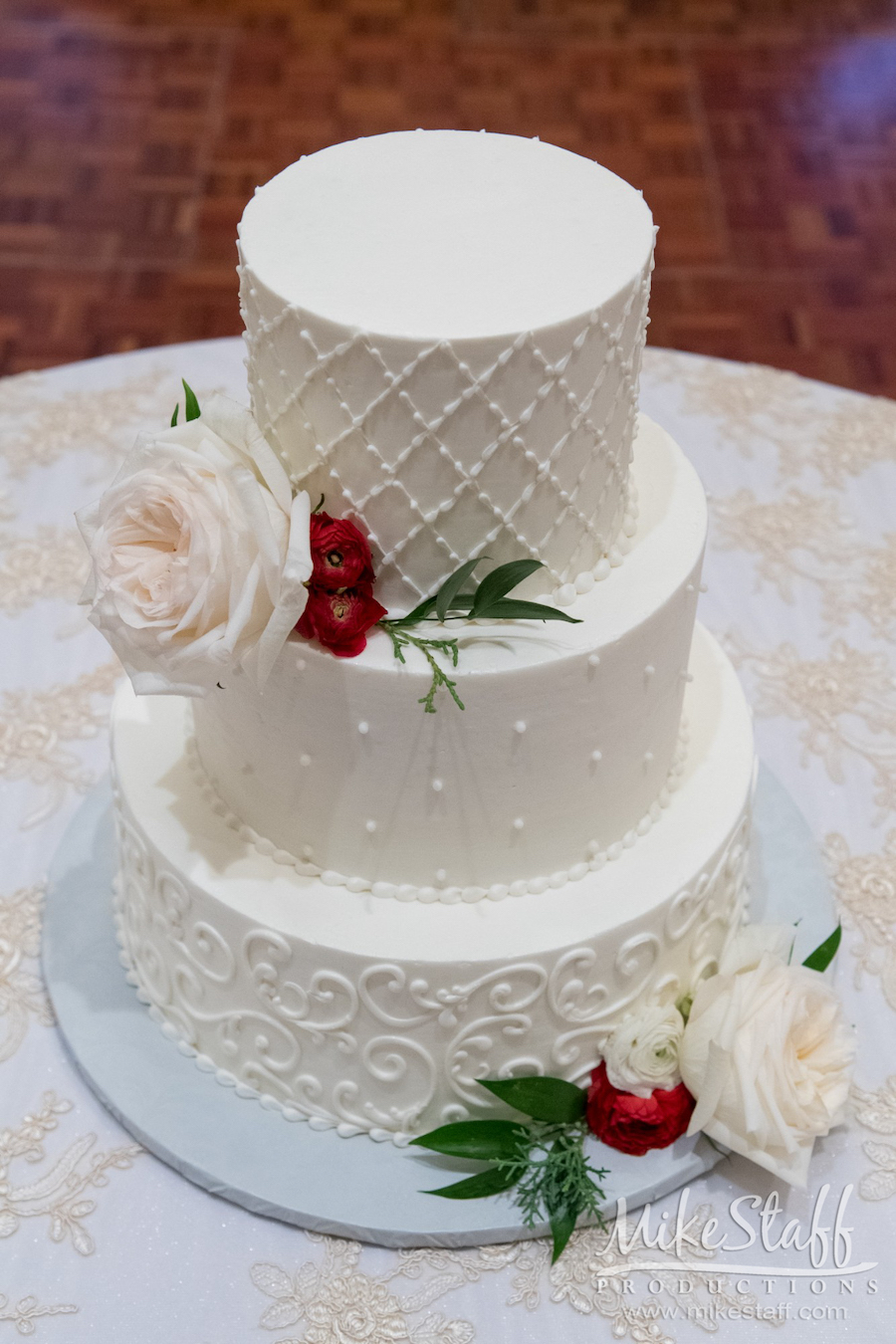 three tiered white wedding cake - Mike Staff Productions three tiered white wedding cake