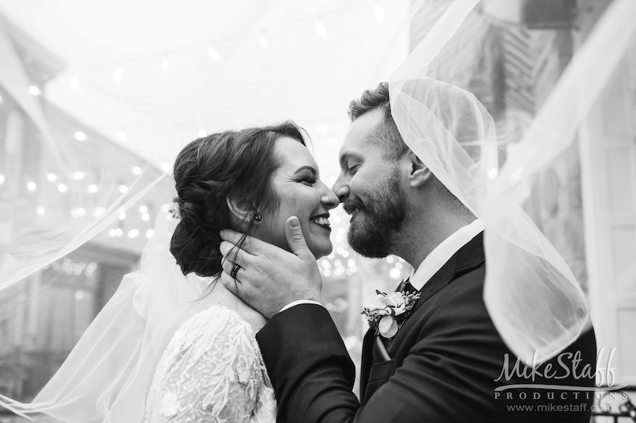 veil floating outside black and white - Mike Staff Productions Miriah and Andrew's Wedding at The Holly Vault