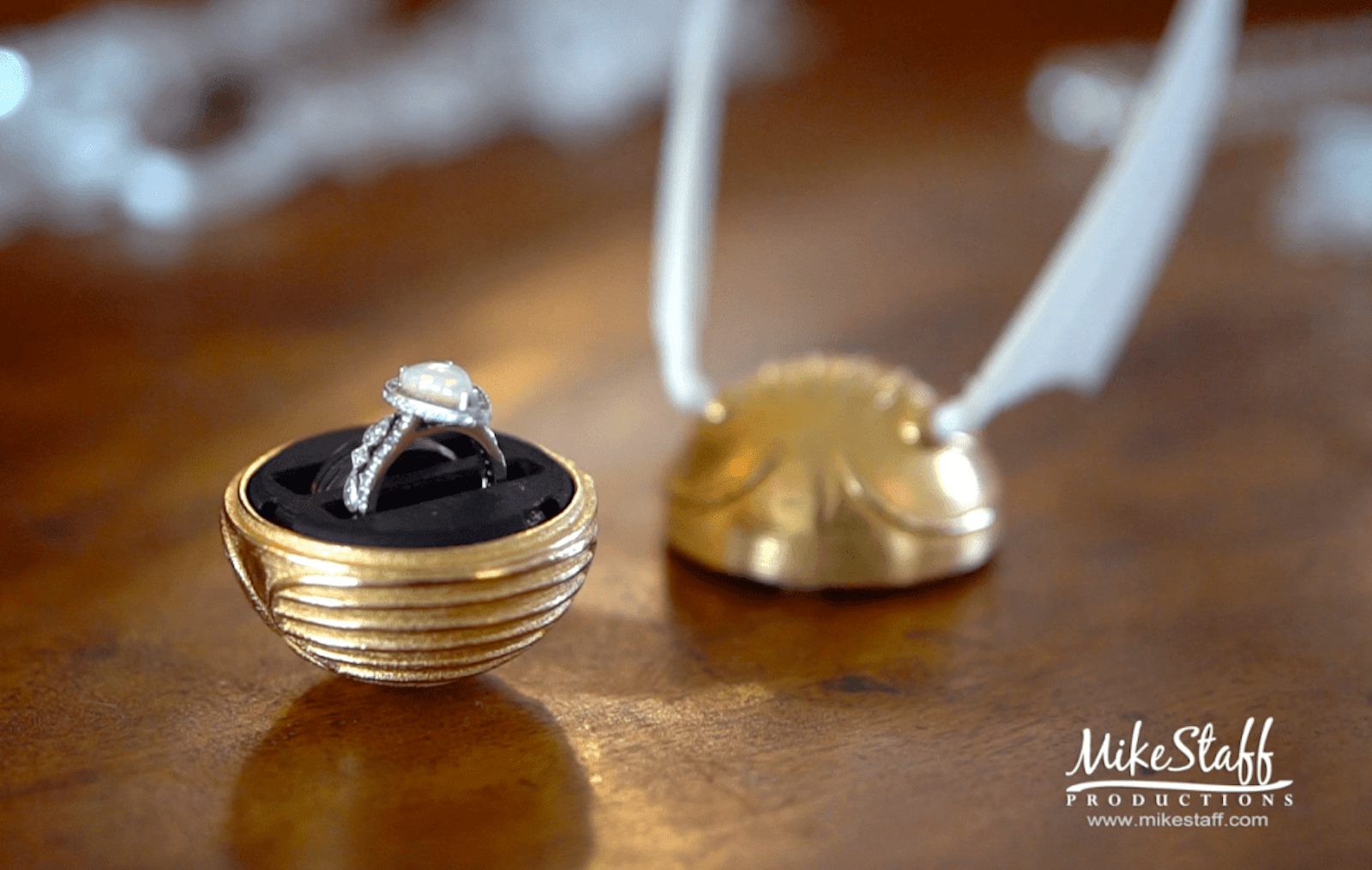 real detroit wedding jessi and tone - Mike Staff Productions golden snitch wedding ring box